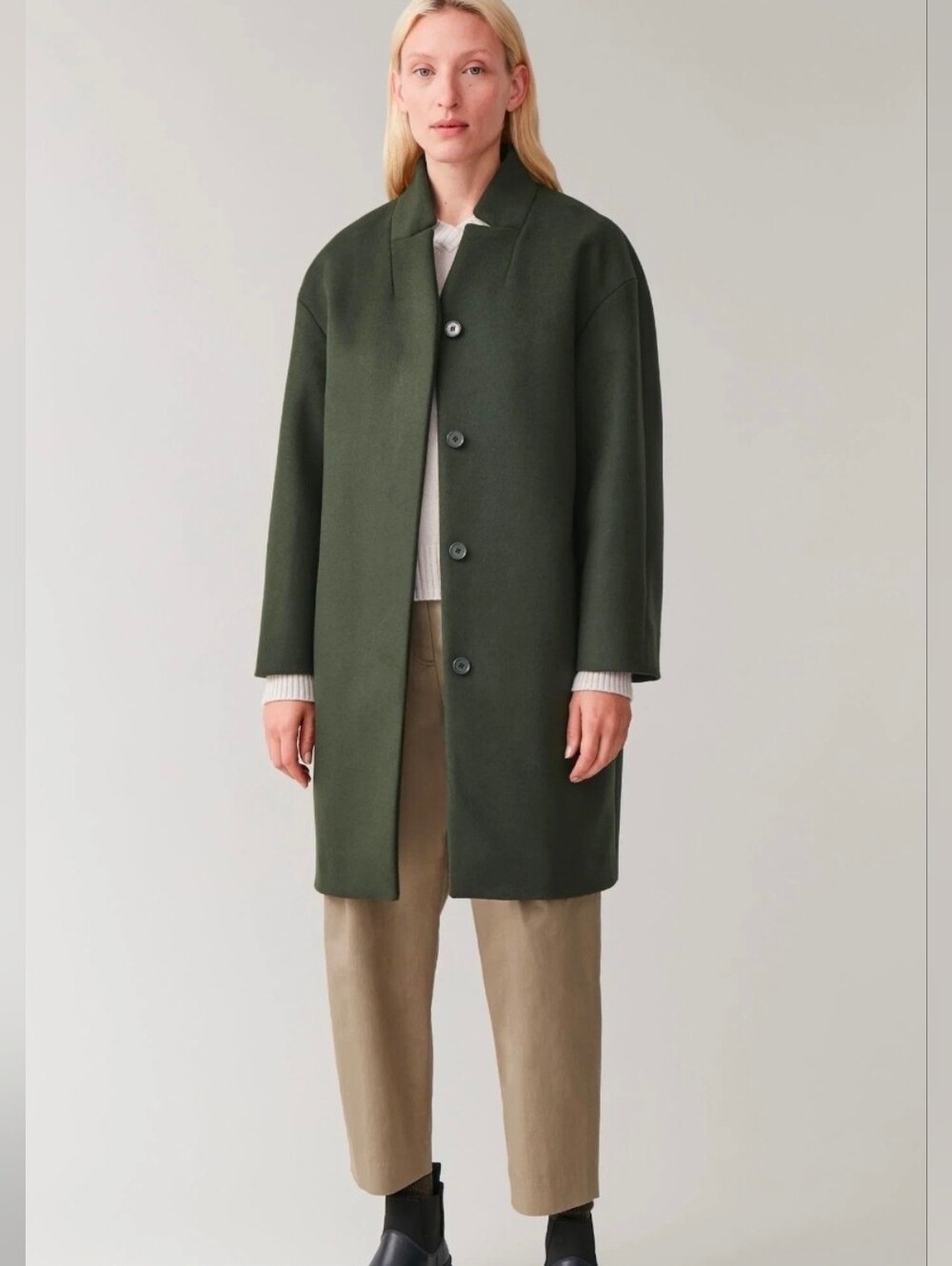 COS Olive Green Single-Breasted Wool Pea Coat Size 2